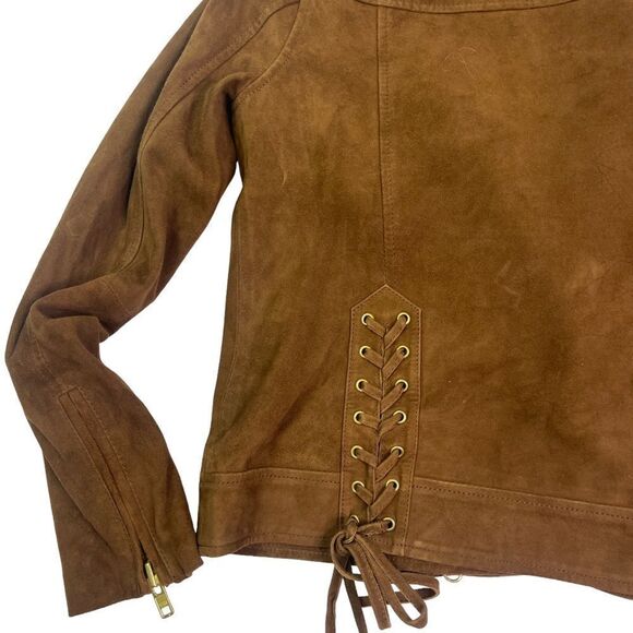 Pam & Gela Suede Chocolate Brown Lace-Up Moto Jacket - Picture 8 of 9